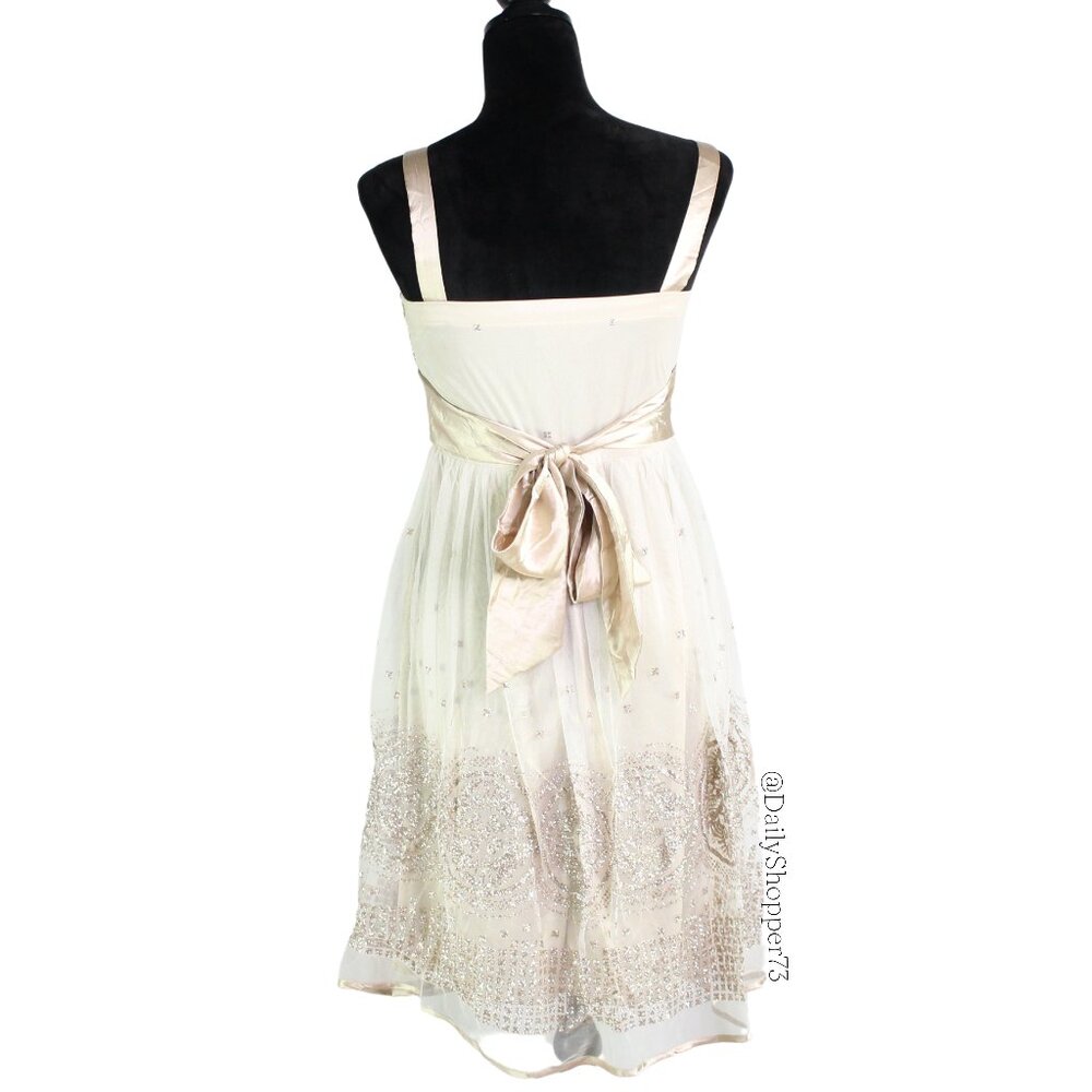R&M Richards Women's Petite Gold Glitter Tulle Satin Tie Waist Empire Midi Dress - Picture 3 of 5